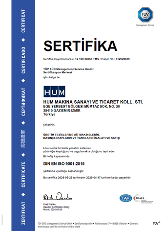 Certificate ISO 9001:2015 İzmir